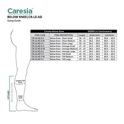 Caresia Below Knee Bandage Liner Size Chart