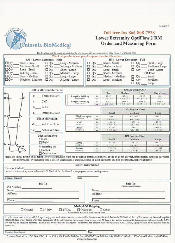 OptiFlow Lower Extremity Measuring Chart