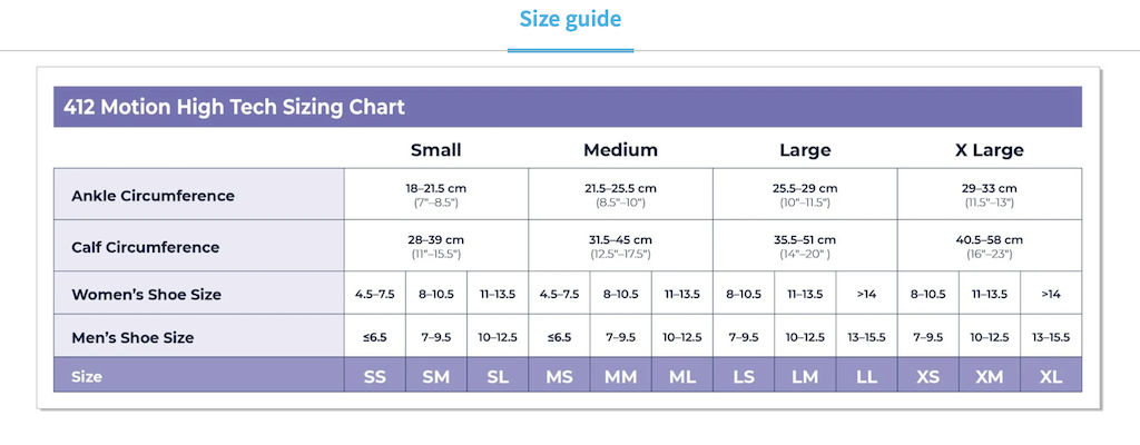 Motion high Tech Size Chart